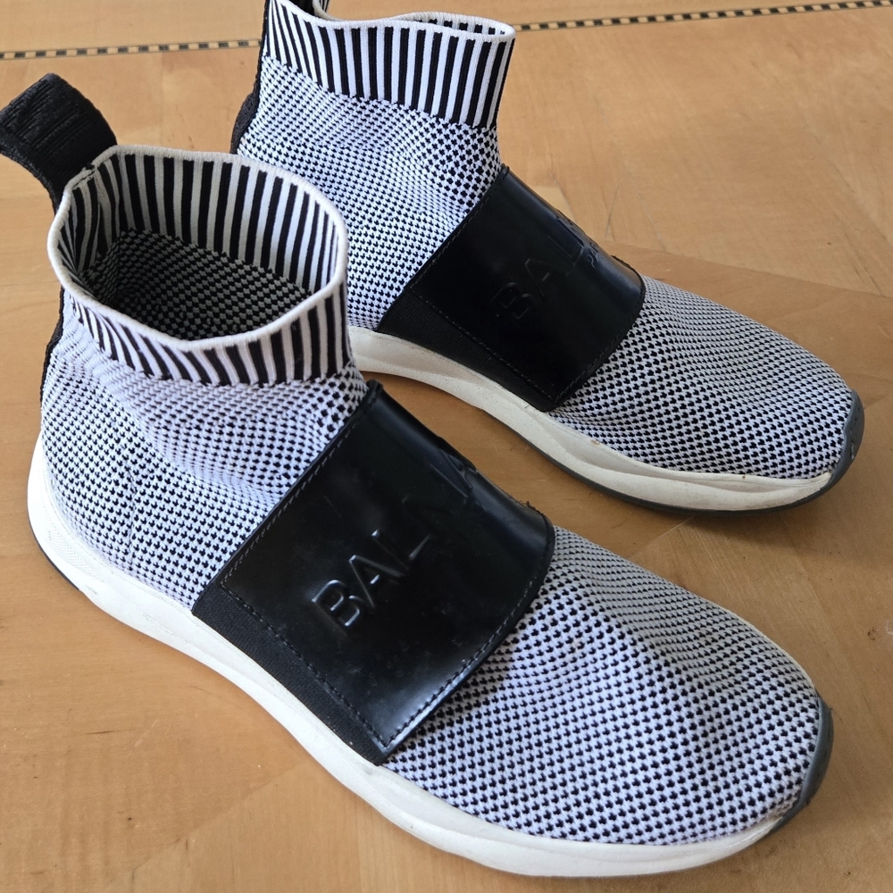 Balmain Cameron knit logo strap slip-on sneakers in black and white 7.5/ 38